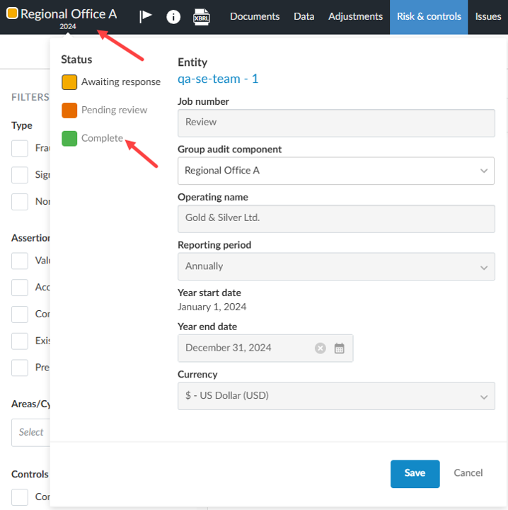 The user interface for changing the status of a component from the dialog box in the top left corner of the screen when right-clicking the entity name.